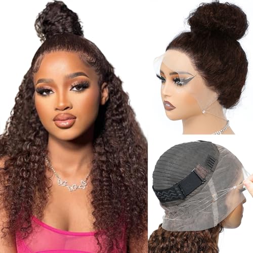 360 Chocolate Brown Lace Front Wigs Human Hair Deep Wave Full Lace Human Hair Wigs 360 Drawstring Wig Upgraded Hidden Strap 360 HD Full Lace Wigs For Black Women£¨20 Inch£©