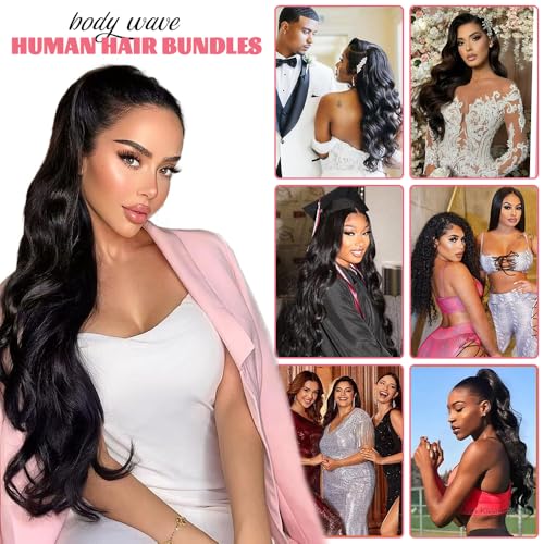 14A Body Wave Human Hair Bundles 16 18 20 22 Inch Bundles Human Hair 100% Unprocessed Brazilian Virgin Hair Body Wave 4 Bundles Human Hair Extensions for Women Natural Color Quick Weave