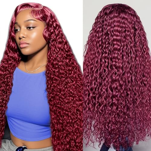 Estilar 99j Burgundy Lace Front Wigs Human Hair Red Deep Wave Lace Front Wigs Pre Plucked with Baby Hair 200 Density Glueless Curly Wig for Women 26 Inch