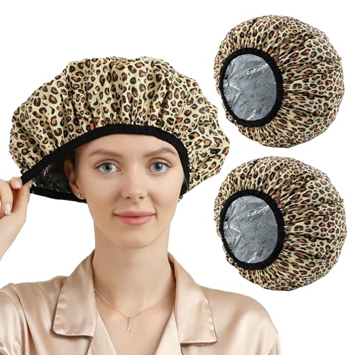 YIZIJIZI 2 Pieces Heat Cap for Deep Conditioning, Conditioning Cap Made of Aluminum Foil for Home and Salon Use, Hair Dyeing£¨Leopard print£©