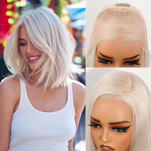 Glueless Full Frontal Platinum Blonde Bob Wig Human Hair Pre Plucked Pre Cut White Blonde Wig Ash Silver Short 13x4 UHD 613 Lace Front Wigs Human Hair for Women Real Hair Daily Party 12Inch 180%