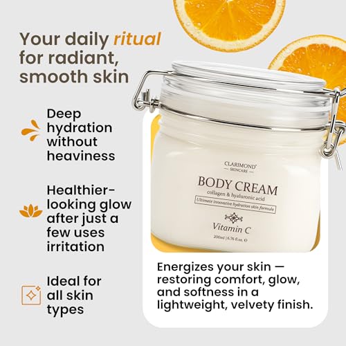 CLARIMOND Vitamin C Body Cream | Hyaluronic Acid & Collagen for Women | Hydrating Body Care Cream for Dry, Aging Skin | Fast-Absorbing, Non-Greasy Formula | Paraben & Sulfate Free | 200ml