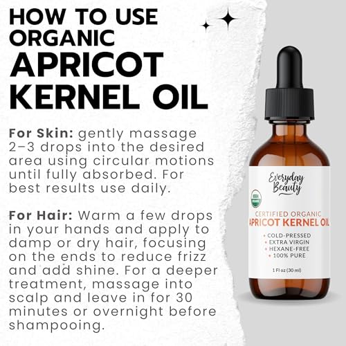 Organic Apricot Kernel Oil | 100% Pure, Cold-Pressed, Unrefined | USDA Certified Organic | Amber Glass Bottle with Glass Dropper | For Face, Skin & Hair - 1 Fl Oz