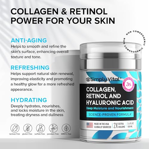 SimplyVital Collagen, Retinol & Hyaluronic Acid Cream - Anti-Aging Retinol Cream for Face, Neck & D?collet? - Made in USA - Daily Moisturizer Face Cream - 3.38 fl oz