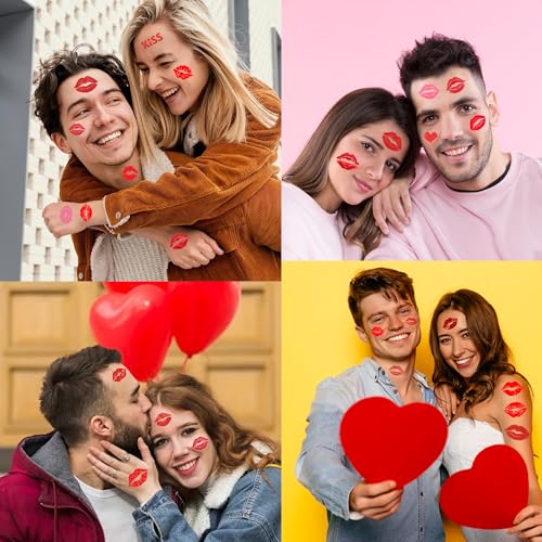 Valentines Lip Temporary Tattoos, Red Pink Lip Print Kiss Face Tattoo Stickers Body Decorations for Girls Kids