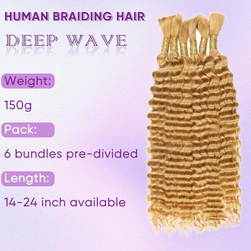 Human Braiding Hair 150g 24 Inch Boho Braids Human Hair Deep Wave Blonde Boho Hair For Braiding 6 Bundles/Pack No Weft Boho Human Braiding Hair Curly 27#