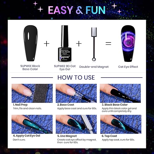Cat Eye Gel Nail Polish Set - 12 Colors 9D Magnetic Nail Polish Gel Galaxy Cateye Nail Gels Polishes with 1 Black Gels and Magnetic Lamp Cure Required Home Manicure DIY Nail Art