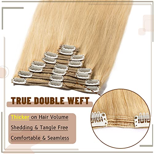 S-noilite Clip in Hair Extensions Real Human Hair Natural Blonde 18 Inch 8pcs 140g Straight Real Hair Extensions Clip Ins Double Weft #24