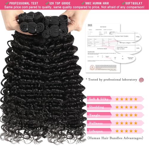 Deep Wave Bundles Human Hair 12A Brazilian Curly Human Hair 3 Bundles for Black Women 20 22 24 Inch 100% Unprocessed Wet and Wavy Bundle