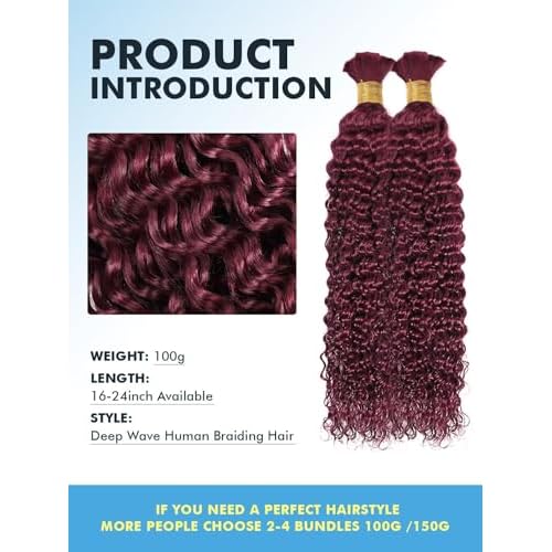 Human Braiding Hair for Boho Braids Burgundy Curly Boho Hair for Braiding Knotless 12A Deep Wave Bulk Bohemian 2 Bundles/Pack Color 99J 100g 20 Inch