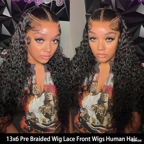 HONEY CROWN 13x6 Burmese Curly Lace Front Wigs Human Hair 180% Density Pre Braided Wig Water Wave HD Transparent Glueless Lace Frontal Wigs for Black Women Pre Plucked with Spiral End (24 Inch)