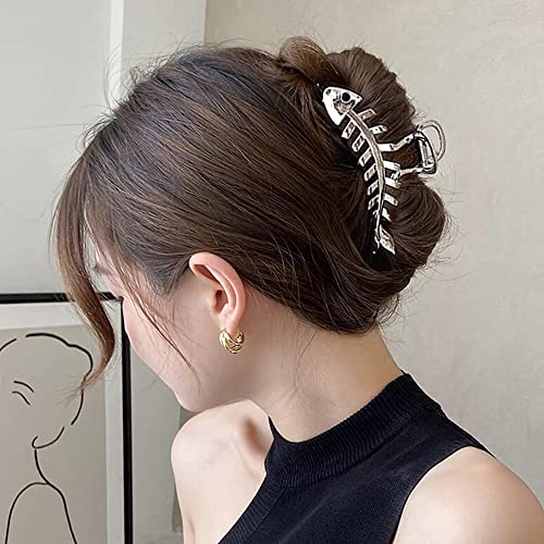 Hair Jaw Claw Clips Fish Bone Shape Large Metal Gold Fashion Nonslip Hairpin Catch Clip Accessories for Thick/Thin Hair HairStyling (Sliver)
