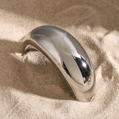 Stainless Steel Arch Hair Cuffs Hair Ties, 18K Gold Chunky Ponytail Cuff Hairties, Women Glossy Ponytail Holders Elastic Hair Bands,Geometric Gold and Silver Hair Accessories (Large Size Silver)