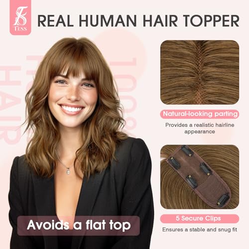 TESS Real Hair Toppers for Women Handmade Lace Base Womens Clip In Hairpieces with Bangs 5 Clips Natural Coverage Soft and Secure 2¡¿6", Medium Brown