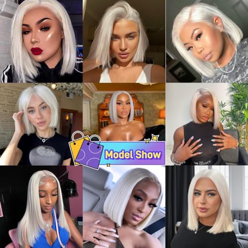 Glueless Wigs Human Hair Grey White Platinum Blonde Wigs for White Women 14'' 13x4 Lace Front Wigs with Baby Hair Pre plucked Frontal and Bleached Knots 60# Gray Ash Blonde Bob Wigs 150%