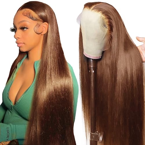 Wonder Girl 28 Inch Chocolate Brown Lace Front Wig Human Hair Pre Plucked, 13x6 Straight Frontal Wigs Human Hair Hd Lace, Glueless Lace Front Wigs Human Hair Colored With Baby Hair