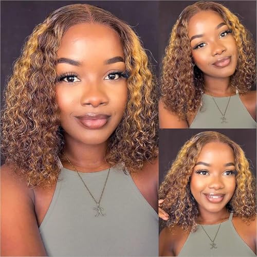 Wear and Go Glueless Wig Human Hair Pre Plucked Pre Cut 4/27 Highlight Ombre Bob Wig Human Hair Honey Blonde Deep Wave HD Lace Front Wig 4x4 Curly Closure Human Hair Wigs for Women 10 INCH