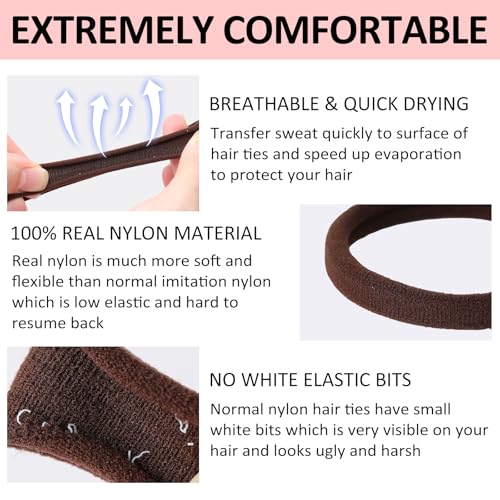 120Pcs Large Brown Nylon Hair Ties for Thick Curly Hair No Damage, Big Soft Cloth Hair Elastic Bands & Seamless Stretchy Fabric Ponytail Holders for Women Girls, Perfect for Updos & Braids