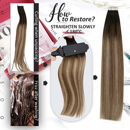 Moresoo Tape in Hair Extensions Brown Human Hair Tape in Extensions Balayage Brown and Blonde Long Thick Glue in Extensions Straight Silky Human Hair 40Pcs 100g 24 Inch