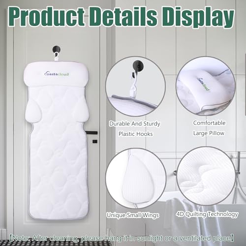 Coastacloud Full Body Bath Pillow for Bathtub, Luxury Bathtub Pillow with Suction Cups, 4D Breathable Mesh Spa Cushion for Headrest, Neck and Back Support, Quick Drying Polyester, White, 49" x 16"
