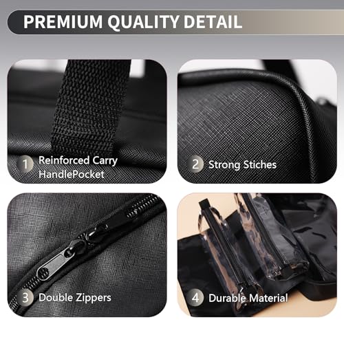 Solenna Black Travel Toiletry Bag for Women Men, Large Waterproof Leather Makeup Cosmetic Bag with 2 Removable Clear Bags, Portable Hanging Make Up Bag Bathroom Shower Toiletries Travel Organizer