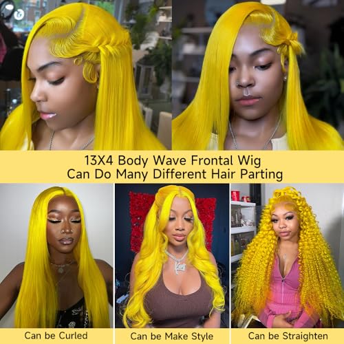 Yellow Lace Front Wig Human Hair Pre Plucked 200% Density Body Wave Blonde Lace Front Wigs Human Hair 13x4 HD Lace Frontal Wig Yellow Colored Wigs Human Hair Glueless Wig 30 Inch