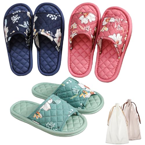 3 Pairs Floral Cotton House Slippers for Women, Open Toe Indoor Slippers Comfortable Washable Portable Foldable Guest Travel Hotel Airplane Spa Slippers