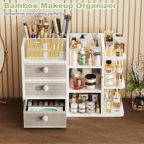 Large Makeup Organizer Countertop With Brush Holder Drawer For Vanity,Bamboo Bathroom Counter Organizers And Storage,Cosmetic Skincare Perfume Organizer,Easy To Store Nail Polish, Lipstick, Eyeshadow
