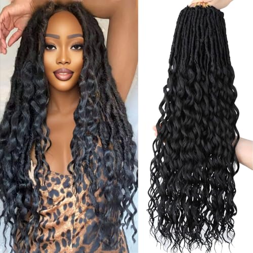Deep Faux Locs Crochet Hair 8 Packs 24 Inch Soft Locs Crochet Hair Pre Looped Deep wave Crochet Hair for Black Women Goddess Locs Crochet Braids with Curly Ends Dreadlocs Synthetic Hair Extension 1B