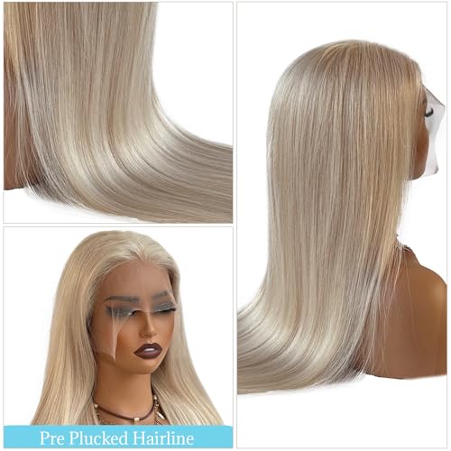 13x6 Platinum Blonde Lace Front Wig Human Hair, Deep Ear-to-Ear HD Lace Frontal Human Hair Wigs 24 Inch Platinum Blonde Wig 180% Density Straight Platinum Lace Front Wigs for Women Pre Plucked