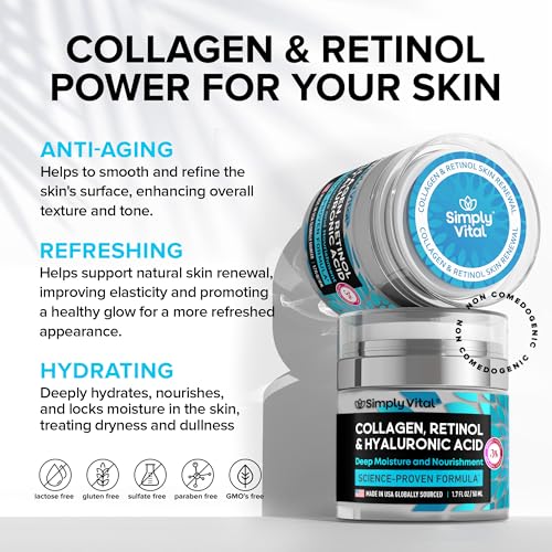SimplyVital Collagen, Retinol & Hyaluronic Acid Cream - Anti-Aging Face Moisturizer for Face, Firming Skin Care Neck & D?collet? - Made in USA, Daily Moisturizer Face Cream Day & Night - 1.7 fl.oz.