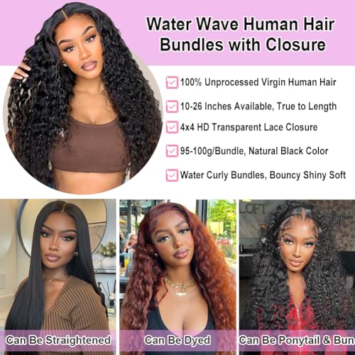 Water Wave 3 Bundles Human Hair (20 22 24 Inch) 100% Unprocessed Brazilian Virgin Human Hair Bundle Double Weft Water Curly Wave Bundle For Black Women Wet and Wavy 3 Bundles Natural Black