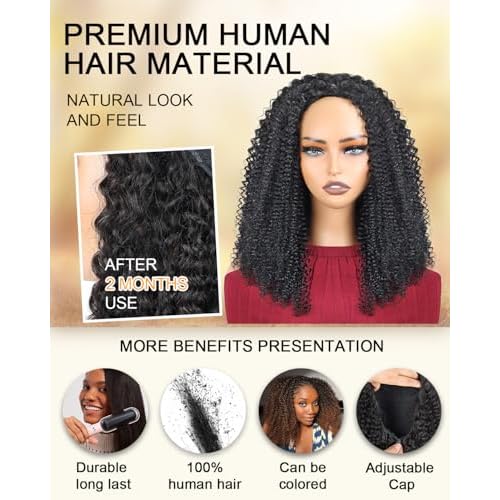 Curly Half Wig Human Hair Upgrade 3 IN 1 Human Hair Half Wig With Drawstring, Beginner Friendly Flip Over Afro Kinky Curly Wig Human Hair No Glue No Lace Wig For Black Women 200% Density 16 Inch
