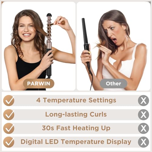 PARWIN PRO BEAUTY 5 in 1 Curling Iron Set with 1 Extra Long 9" Spiral Wand, Professional Hair Wand Curler, Up to 450F, LED Display, Gold, Includes Heat Protective Glove & 2 Clips