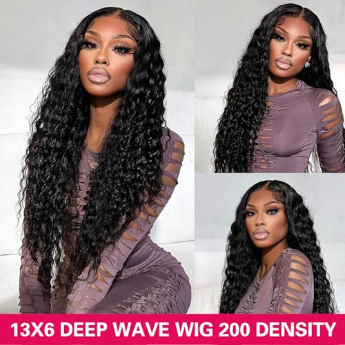 28 Inch 13x6 Deep Wave Lace Front Wigs Human Hair 180% Density HD Lace Front Wigs Human Hair Pre Plucked Natural Color Glueless Wig 100% Virgin Lace Front Wigs for Women
