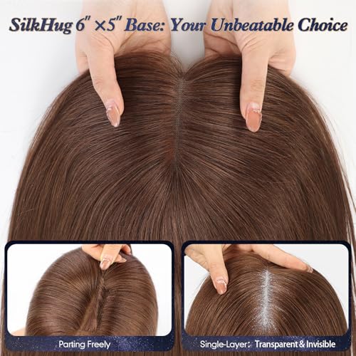 starluck Real Human Hair Toppers 6"x5" SilkHug & Swiss Base (60g) Brown with Thinning Hair Topper no Bangs-14 Inch