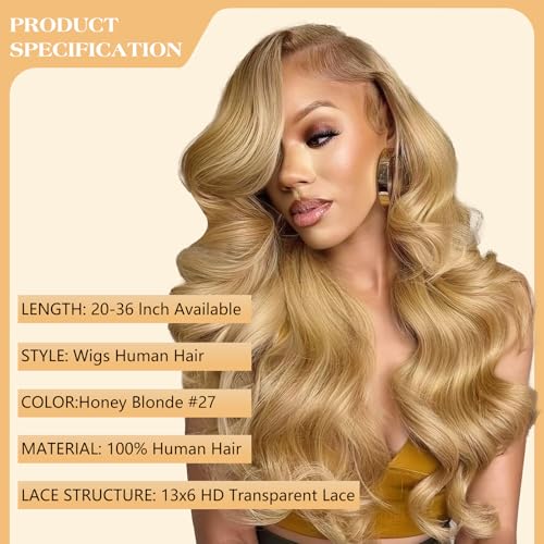 32 Inch 13x6 Honey Blonde Body Wave HD Lace Front Wigs Human Hair Pre Plucked Honey Blonde Wig Human Hair 27# Colored 200% Density Glueless Wigs for Women