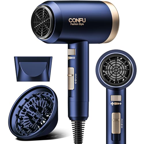 Hair Dryers for Women, CONFU Hair Dryer with Diffuser, Blow Dryers for Men, Hairdryer with Diffuser Attachment, Portable Lightweight Fast Drying Negative Ion Hairdryer for Home