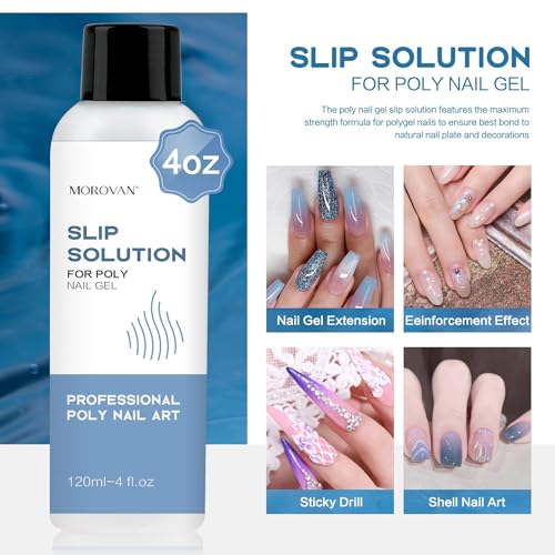 Morovan Poly Gel Slip Solution 120ml Extension Nail Liquid Slip Solution Anti-stick Poly Gel Slip Solutions for Poly Nail Gel with Brush Bottle Cap as A Liquid Cup Easy DIY Poly Gel Nail