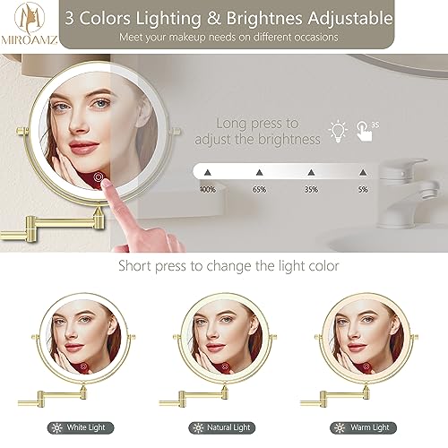 Rechargeable Wall Mounted Lighted Makeup Vanity Mirror 9 Inch Double Sided 1X 10X Magnifying Bathroom Mirror, 3 Color Lighting, Touch Screen Dimming, 360 Rotation Shaving Mirror Gold