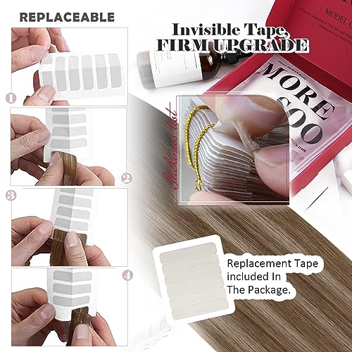 Moresoo Tape in Hair Extensions Brown Human Hair Tape in Extensions Balayage Brown and Blonde Long Thick Glue in Extensions Straight Silky Human Hair 40Pcs 100g 24 Inch