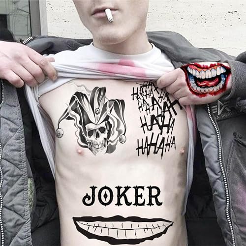 FANRUI 6 Sheets Joker Tattoos Halloween Face Makeup Kit, Temporary Tattoos For Men Women Adults, Smile Face Clown Damaged Tattoo Joker Prisoner Cosplay Costumes And Party Accessories
