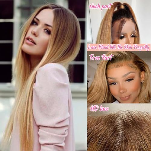 28Inch Honey Blonde Ombre Lace Front Wigs Human Hair Pre Plucked Long Straight Blonde Ombre 13x6 HD Free Part Lace Front Wigs Human Hair for Women,Glueless Brown Roots Honey Blonde Lace Frontal Wig