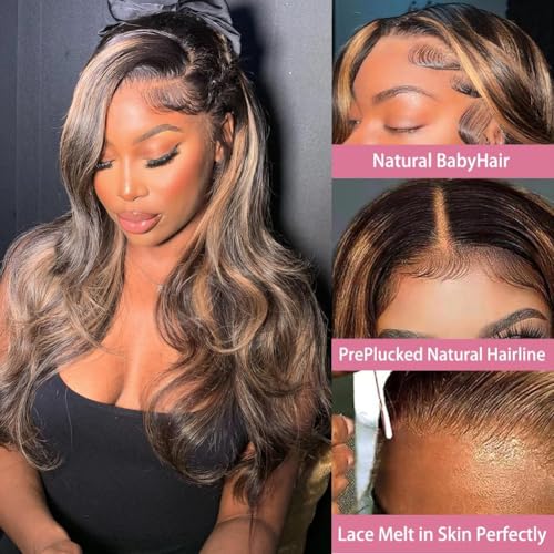30Inch Ombre Highlight Lace Front Wig Human Hair 13x6 Body Wave Lace Front Human Hair Wigs Colored 1B/30 Brown Lace Frontal Wigs for Women Pre Plucked 180% Density Highlight Wig