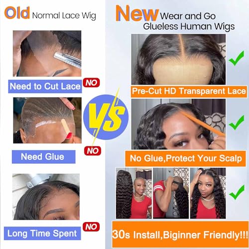Glueless Wigs Human Hair Pre Plucked Pre Cut Deep Wave Lace Front Wigs Human Hair Wig for Black Women Wear and Go Glueless Wig(16 Inch)