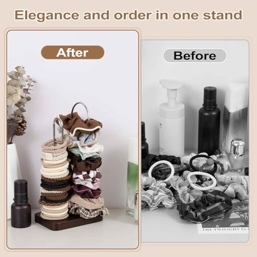 Scrunchine Holder Stand, 2 Tier Hair Tie Tower Hold 50~70 Scrunchies,Claw Clip Holder, Modern Fashion Hair Ties Organizer Storage for Girls, Women, Display(Walnut Color)