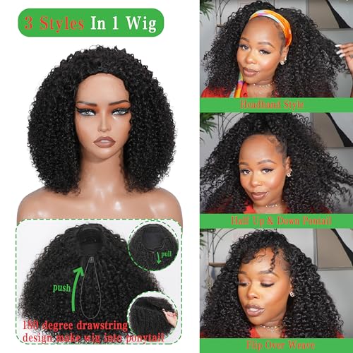 ZIYU Half Wig Human Hair - 200% Density Curly Half Wig 3 In 1 Wear Go Glueless Wigs 16 Inch Drawstring Seamless Kinky Curly Flip Over Headband Wig Human Hair Beginner Friendly