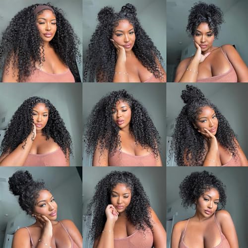 22Inch Half Wig Human Hair Kinky Curly 250% Density 3 In 1 Seamless Flip Over Half Wig for Women Glueless Wear and Go Drawstring Wig Human Hair Natural Black Beginner Friendly