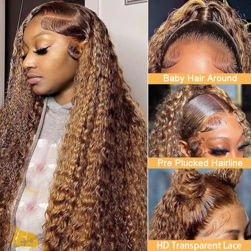 22 inch Highlight Ombre Lace Front Wig Human Hair 13x6 HD Honey Blonde 4/27 Deep Wave Lace Frontal Wigs Human Hair 200% Density Pre Plucked for Women