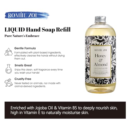 ROMIIE ZOI Liquid Hand Soap Refill, Honey & Almond, Gentle & Moisturizing Formula for Home & Kitchen, 750 ML/ 26 FL OZ